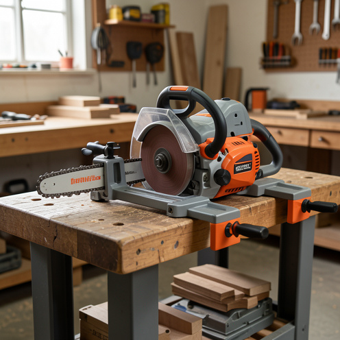 Affûteuse électrique pour chaîne de tronçonneuse installée sur un établi, avec meule abrasive, guide réglable et chaîne métallique visibles dans un atelier.