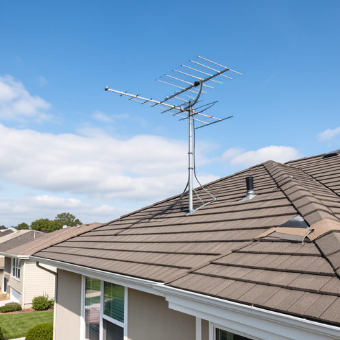 Antenne TV extérieure installée sur le toit d’une maison résidentielle, visible sous un ciel bleu.