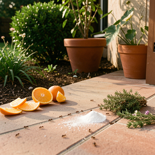 Prévention naturelle contre les fourmis autour d'une maison et dans un jardin, avec des barrières aromatiques et des fissures soigneusement bouchées.