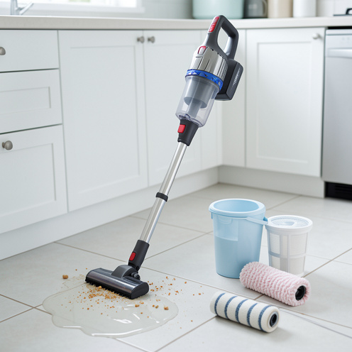 Aspirateur-balai sans fil eau et poussière utilisé sur un sol carrelé, avec ses accessoires et éléments lavables disposés à côté.