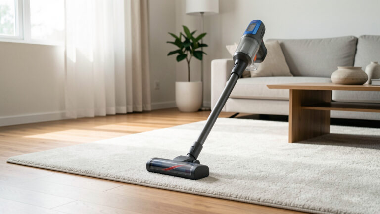 Aspirateur-balai sans fil élégant nettoyant efficacement un salon moderne avec un fonctionnement silencieux.
