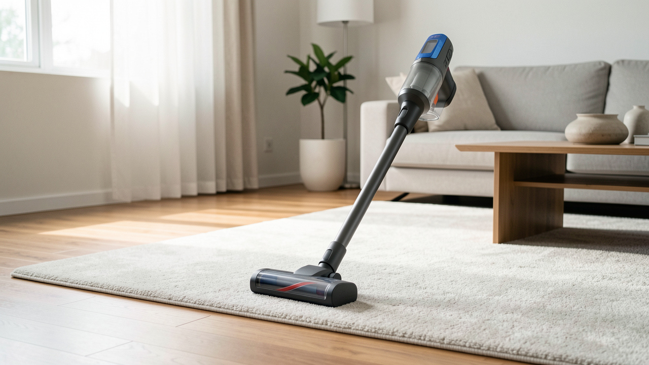 Aspirateur-balai sans fil élégant nettoyant efficacement un salon moderne avec un fonctionnement silencieux.