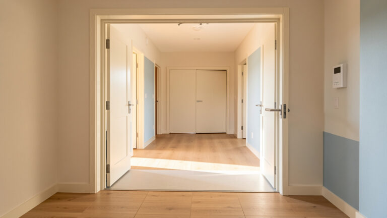 Entrée lumineuse d’une maison adaptée avec porte élargie, seuil sans obstacle, rampe douce et poignée ergonomique.