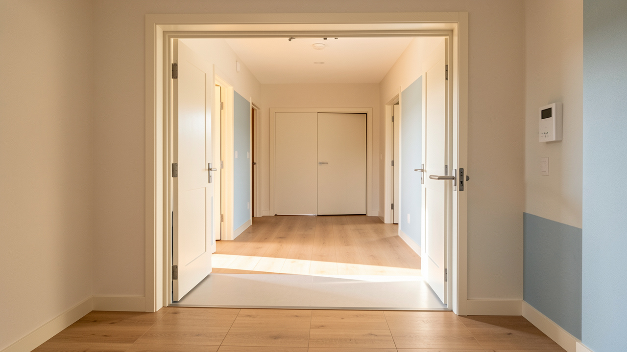 Entrée lumineuse d’une maison adaptée avec porte élargie, seuil sans obstacle, rampe douce et poignée ergonomique.