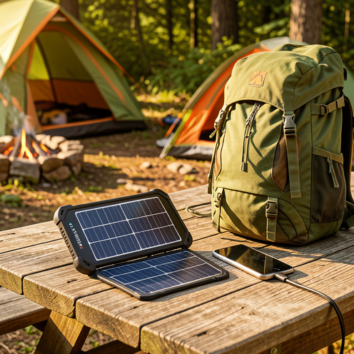 Batterie externe solaire à panneaux photovoltaïques pliables, en charge près d’un smartphone et d’un sac à dos dans un environnement extérieur ensoleillé.
