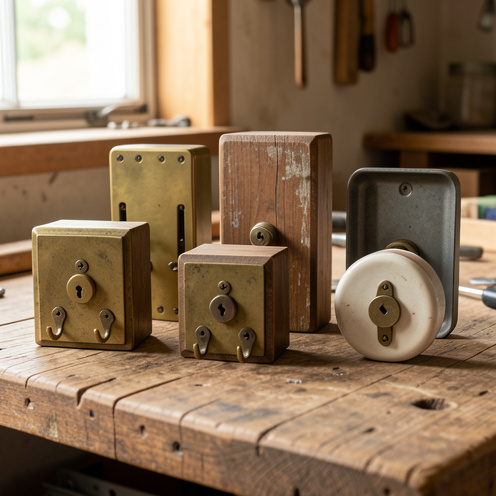 Collection de boîtes à clés vintage de formats variés, fabriquées en bois patiné, laiton, céramique et métal, avec différents systèmes de fixation murale.