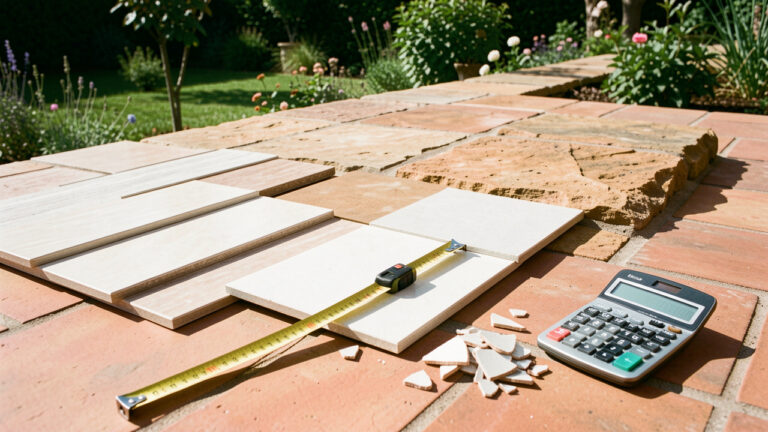 Échantillons de carrelage extérieur disposés sur une terrasse, avec un mètre ruban et une calculatrice pour évoquer la comparaison des offres.