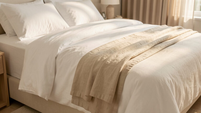 Lit deux personnes soigneusement préparé avec un drap blanc en coton et des couches de tissu naturel montrant différentes matières et une taille adaptée.