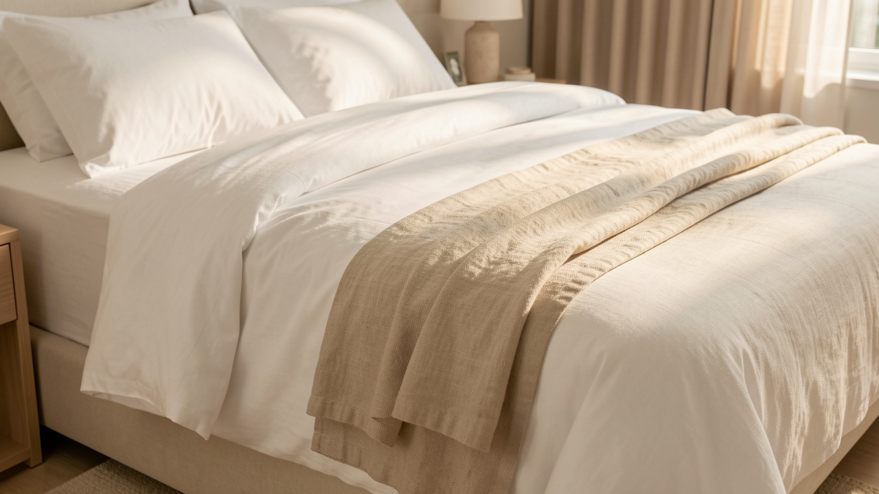 Lit deux personnes soigneusement préparé avec un drap blanc en coton et des couches de tissu naturel montrant différentes matières et une taille adaptée.