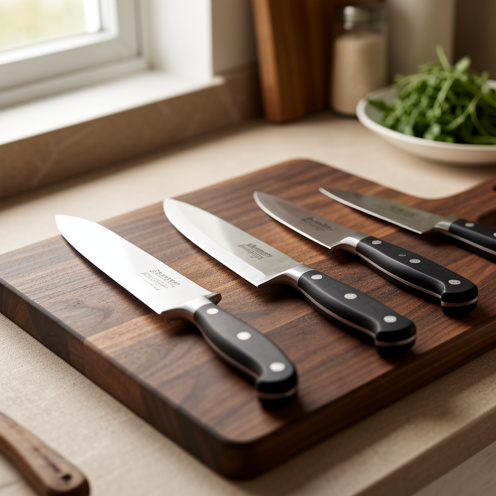 Sélection de couteaux de cuisine professionnels disposés sur une planche en bois dans un espace culinaire lumineux.