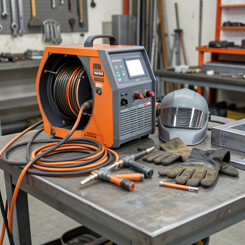 Poste à souder à fil fourré avec bobine, torche, casque, gants de protection et pièces métalliques dans un atelier.