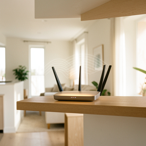 Routeur Wi-Fi moderne posé sur une étagère en bois dans un intérieur lumineux et contemporain.