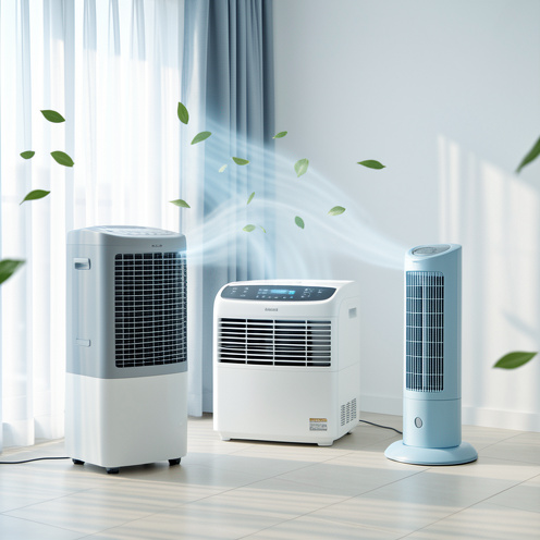 Comparaison visuelle entre un rafraîchisseur d’air mobile, un climatiseur mural et un ventilateur colonne dans un intérieur moderne.
