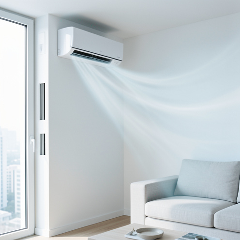 Climatiseur monobloc mural sans unité extérieure installé dans un salon moderne et diffusant un flux d’air frais.