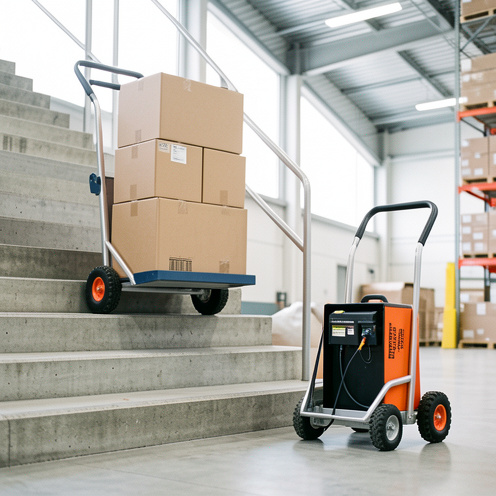 Deux diables électriques comparés dans un entrepôt, dont un franchit des escaliers avec une charge de cartons.