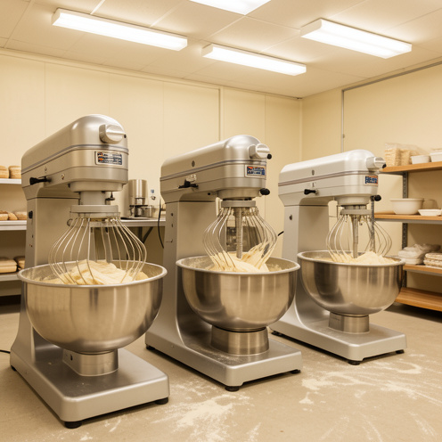 Trois pétrins professionnels en inox de capacités différentes, présentés dans une boulangerie industrielle avec de la pâte en cours de pétrissage.