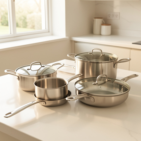 Ensemble de casseroles, poêles, couvercles et poignées amovibles disposés sur un plan de travail de cuisine moderne.