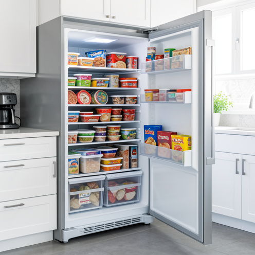 Congélateur armoire grande capacité ouvert, avec de nombreux tiroirs et compartiments remplis de produits surgelés dans une cuisine moderne.