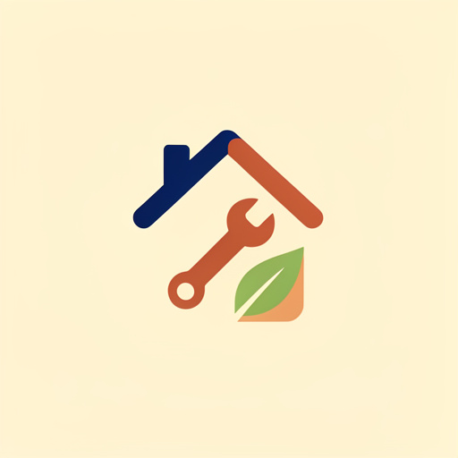 Emblème minimaliste représentant une maison stylisée associée à une clé plate et une feuille, dans un style vectoriel moderne aux couleurs bleu profond, terracotta et vert doux.