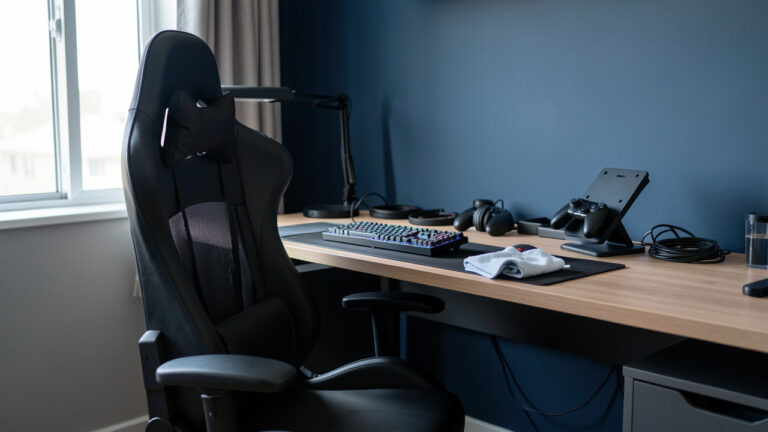 Chaise gaming ergonomique soigneusement entretenue et installée dans un espace de jeu propre, avec câbles rangés et accessoires organisés.