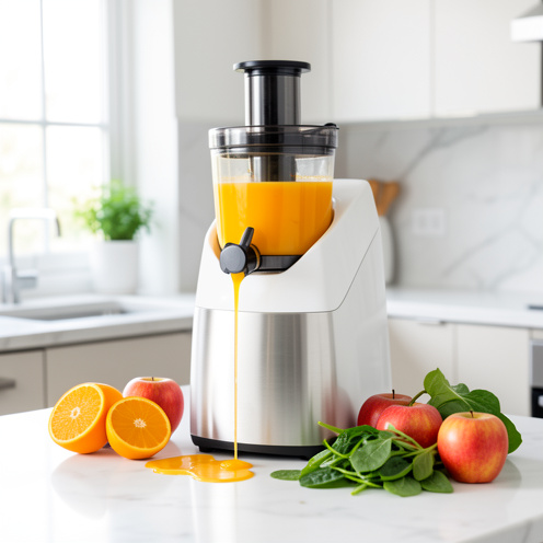 Extracteur de jus moderne en fonctionnement, préparant un jus orange avec des fruits frais et des légumes verts sur un plan de travail clair.