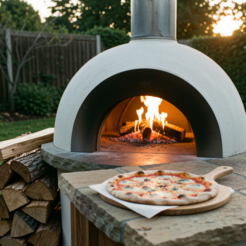 Four à pizza extérieur au feu de bois, avec braises ardentes, bois de chauffage et pizza fraîche sur une pelle en bois.