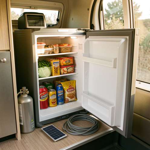Réfrigérateur trimixte ouvert dans un camping-car, accompagné de différentes sources d’énergie pour illustrer son fonctionnement et sa consommation.