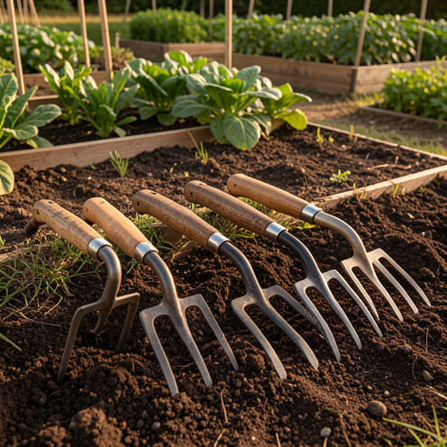 Comparatif visuel de plusieurs grelinettes présentant différentes configurations de dents et des manches ergonomiques dans un potager.