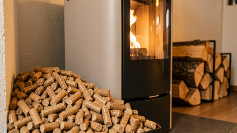 Granulés de bois de qualité disposés près d'un poêle à granulés allumé dans un intérieur chaleureux