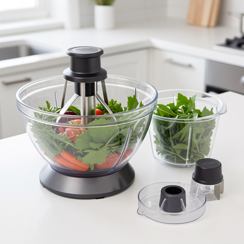 Hachoir manuel de cuisine avec bol transparent, lames en acier inoxydable et pièces démontées faciles à nettoyer, accompagné de légumes frais.