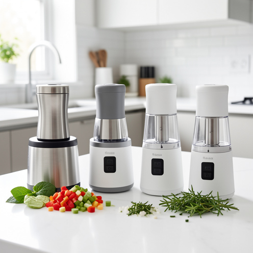 Plusieurs hachoirs électriques compacts de styles différents sont disposés sur un plan de travail de cuisine avec des légumes et des herbes fraîchement hachés.