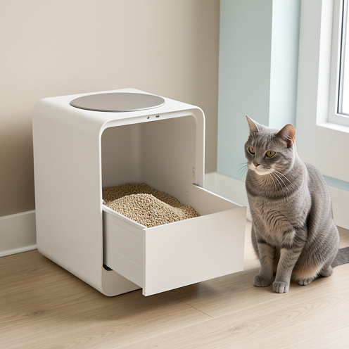 Litière auto-nettoyante moderne dans un intérieur contemporain, avec un chat tigré gris à proximité.