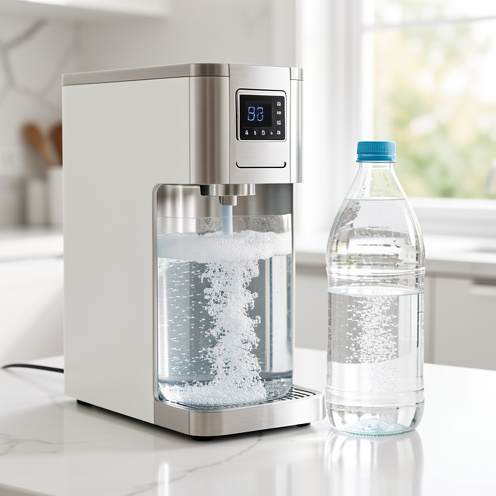 Machine à eau gazeuse moderne posée sur un plan de travail, avec une bouteille en verre remplie d’eau pétillante.