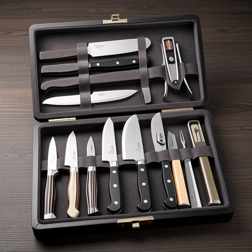 Mallette ouverte présentant une sélection organisée de couteaux de cuisine aux lames de formes variées et aux finitions soignées.