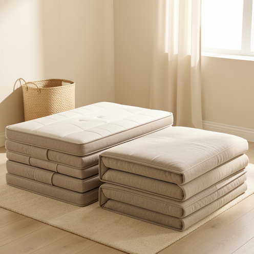 Matelas pliable pour adulte épais et confortable, présenté déplié et partiellement replié dans une chambre moderne.