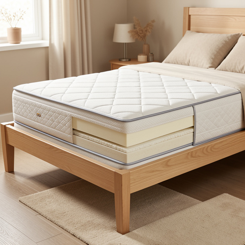 Matelas compact posé sur un cadre de lit en bois, avec une vue en coupe illustrant son épaisseur, ses couches internes et son soutien.