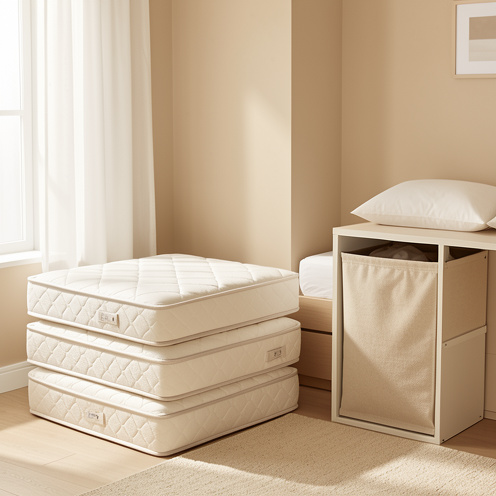 Matelas d’appoint pliable en mousse dense, présenté déplié et rangé dans une chambre lumineuse et minimaliste.