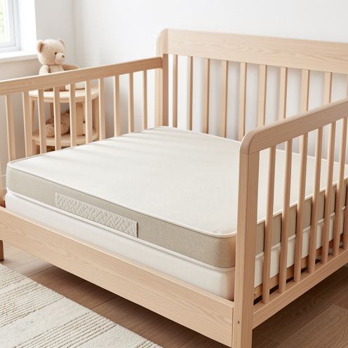 Matelas ferme parfaitement ajusté dans un berceau cododo moderne, présenté dans une chambre de bébé aux tons neutres.