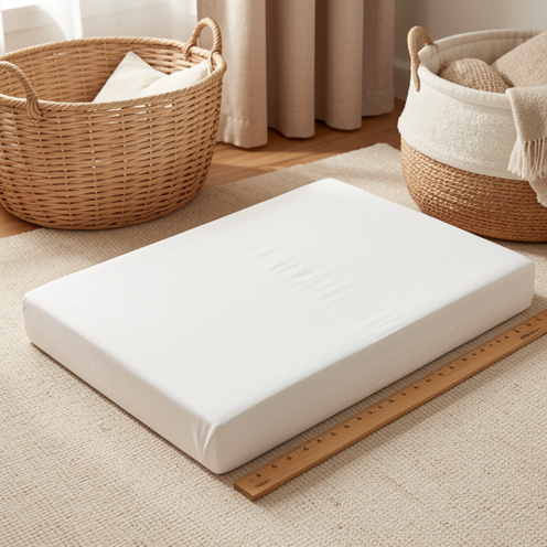 Matelas ferme et plat pour nacelle bébé, présenté avec une règle sans graduations, un drap ajusté et un environnement de chambre aux tons neutres.