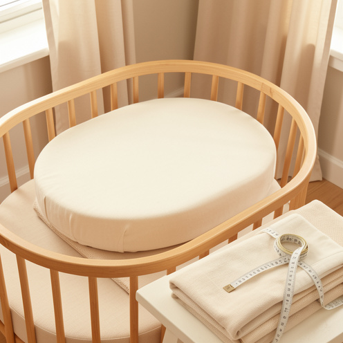 Matelas ovale placé dans un berceau en bois naturel, accompagné de linge de lit doux et d’un mètre souple sans graduations.
