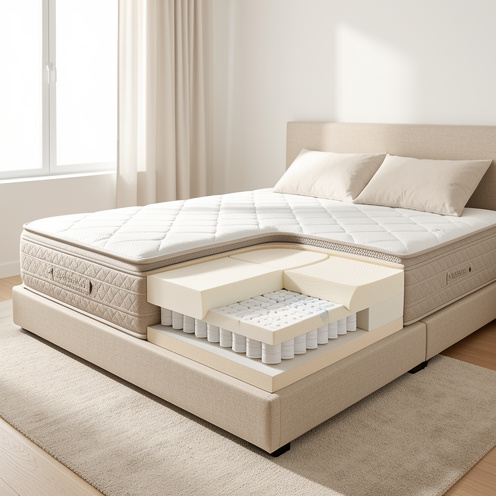 Matelas haut de gamme présenté dans une chambre minimaliste, avec une vue en coupe montrant ses différentes couches de soutien et de confort.