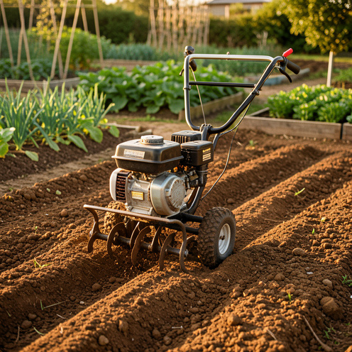 Motobineuse électrique en action dans un potager, retournant la terre et formant des sillons réguliers.