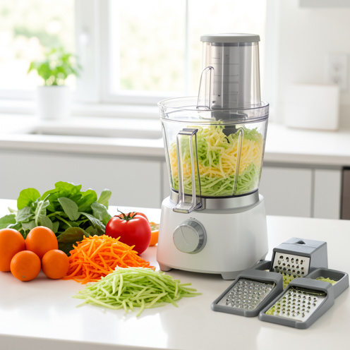 Robot coupe-légumes électrique avec plusieurs accessoires de découpe, entouré de légumes frais dans une cuisine moderne.