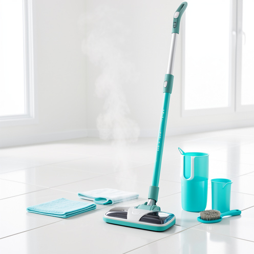 Nettoyeur vapeur posé dans une pièce lumineuse avec ses accessoires, des patins en microfibre et une brosse d’entretien, sur un sol carrelé propre.