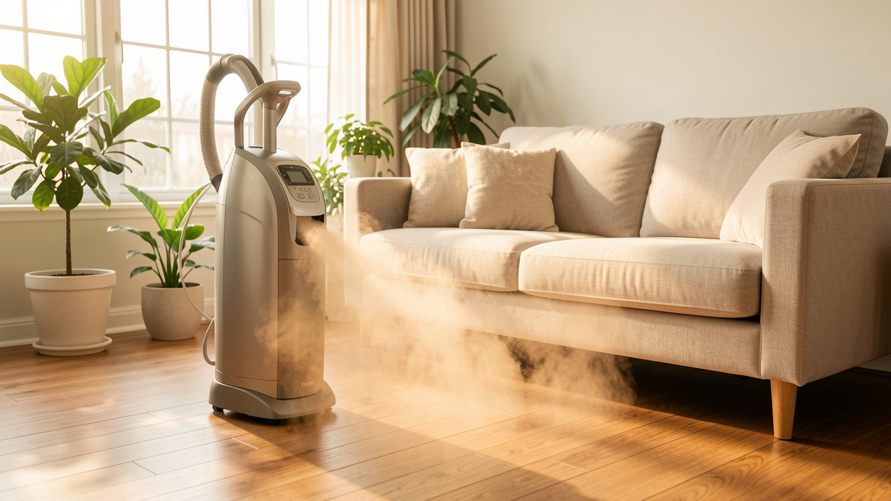Nettoyeur vapeur multifonction diffusant une fine vapeur dans un salon lumineux et ordonné, avec des plantes vertes et une atmosphère évoquant un air intérieur plus sain.