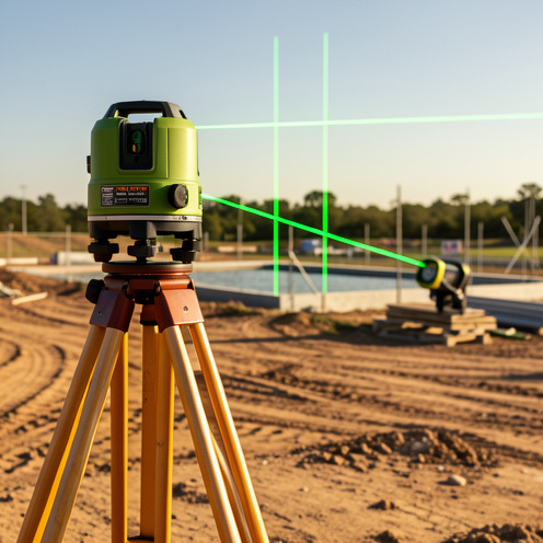 Niveau laser extérieur installé sur un trépied, projetant des faisceaux verts vers une cellule de détection sur un chantier ensoleillé.