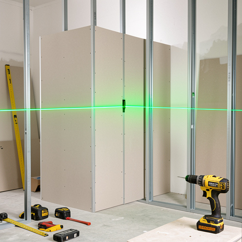 Niveau laser vert projetant des lignes horizontales et verticales sur une cloison en plaques de plâtre en cours d’installation.