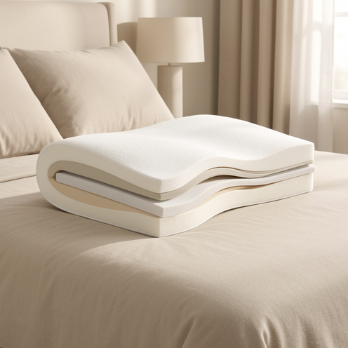 Oreiller ergonomique en mousse à mémoire de forme présenté sur un lit, avec sa composition intérieure visible en coupe.