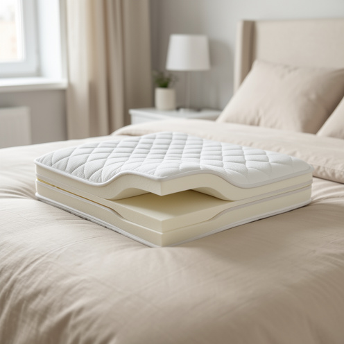 Oreiller hybride ergonomique présenté sur un lit beige dans une chambre lumineuse, avec une mise en scène suggérant sa composition et son soutien.