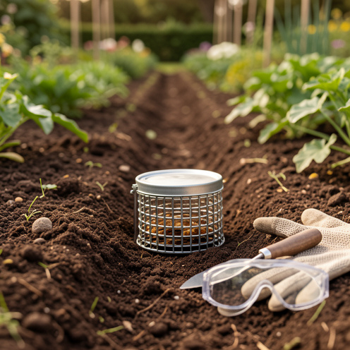 Dispositif anti-taupe sans danger visible dans un tunnel de terre du jardin, accompagné de gants, d’une petite truelle et de lunettes de protection.